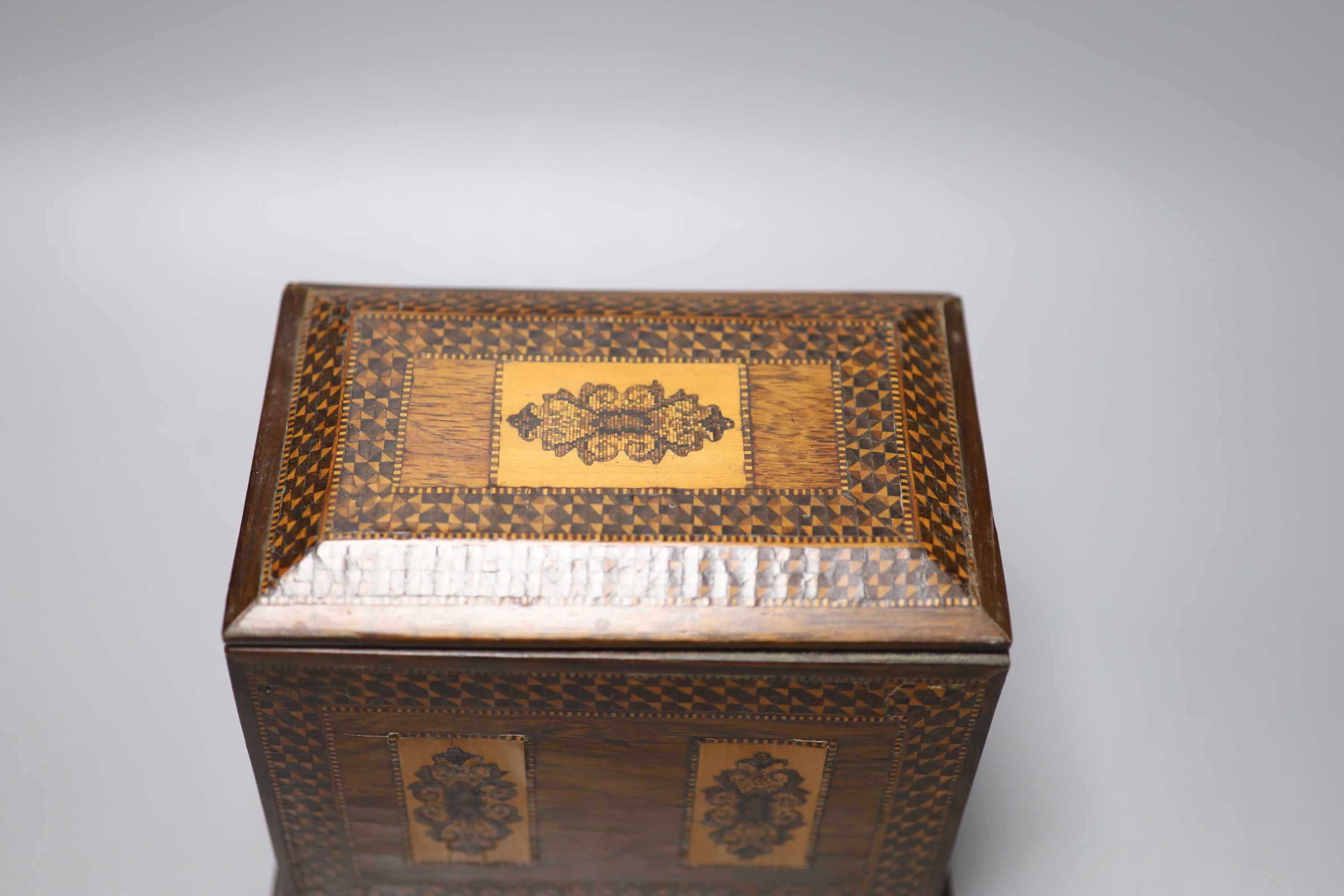 A Tunbridge ware rosewood, tesserae and half square mosaic cabinet of three drawers, c.1840, 18.2cm